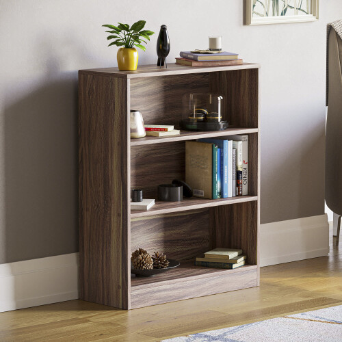 Vida Designs (Walnut) Cambridge 3 Tier Wide Low Bookcase Storage Shelf