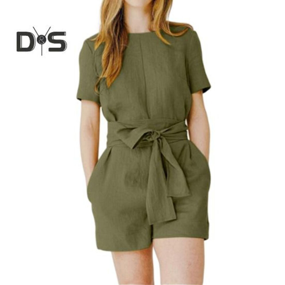 (XL, army green) Women Summer O Neck Short Sleeve Rompers Belt Pockets Wide Leg Loose Fit Shorts Jumpsuit Casual Streetwear