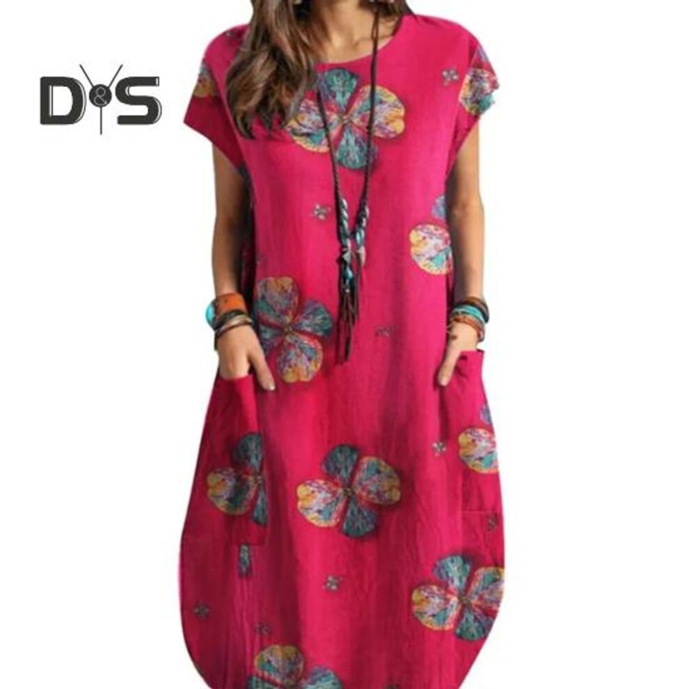 (rose red, 3XL) Women Summer O neck Short Sleeve Dress Retro Printing Pockets Loose Fit Thin Dress Casual Daily Clothes