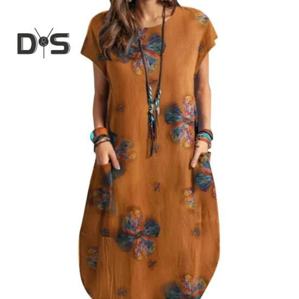 (orange, XL) Women Summer O neck Short Sleeve Dress Retro Printing Pockets Loose Fit Thin Dress Casual Daily Clothes