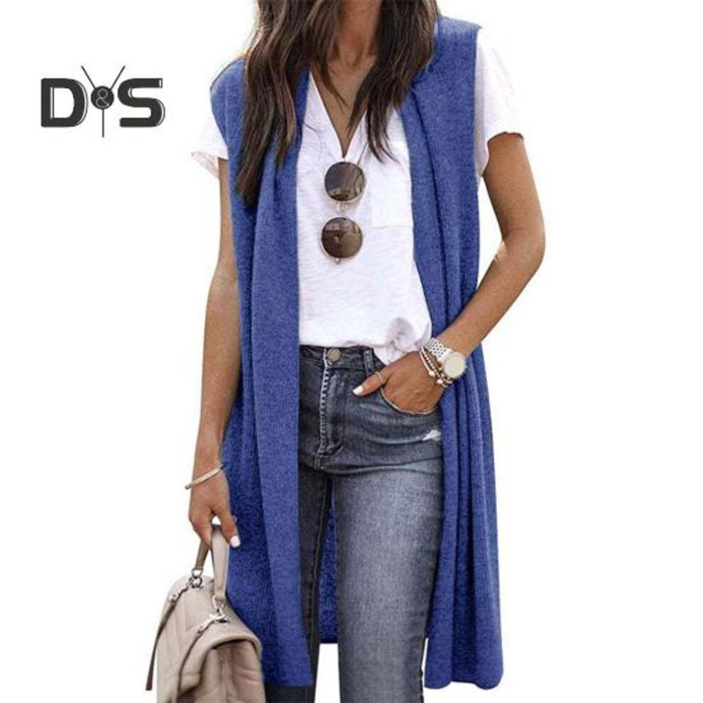 (XL, blue) Women Long Waistcoat Open Stitch Cardigan Sleeveless Solid Color Loose Elastic Soft Breathable Casual Mid Length Lady Vest Coat