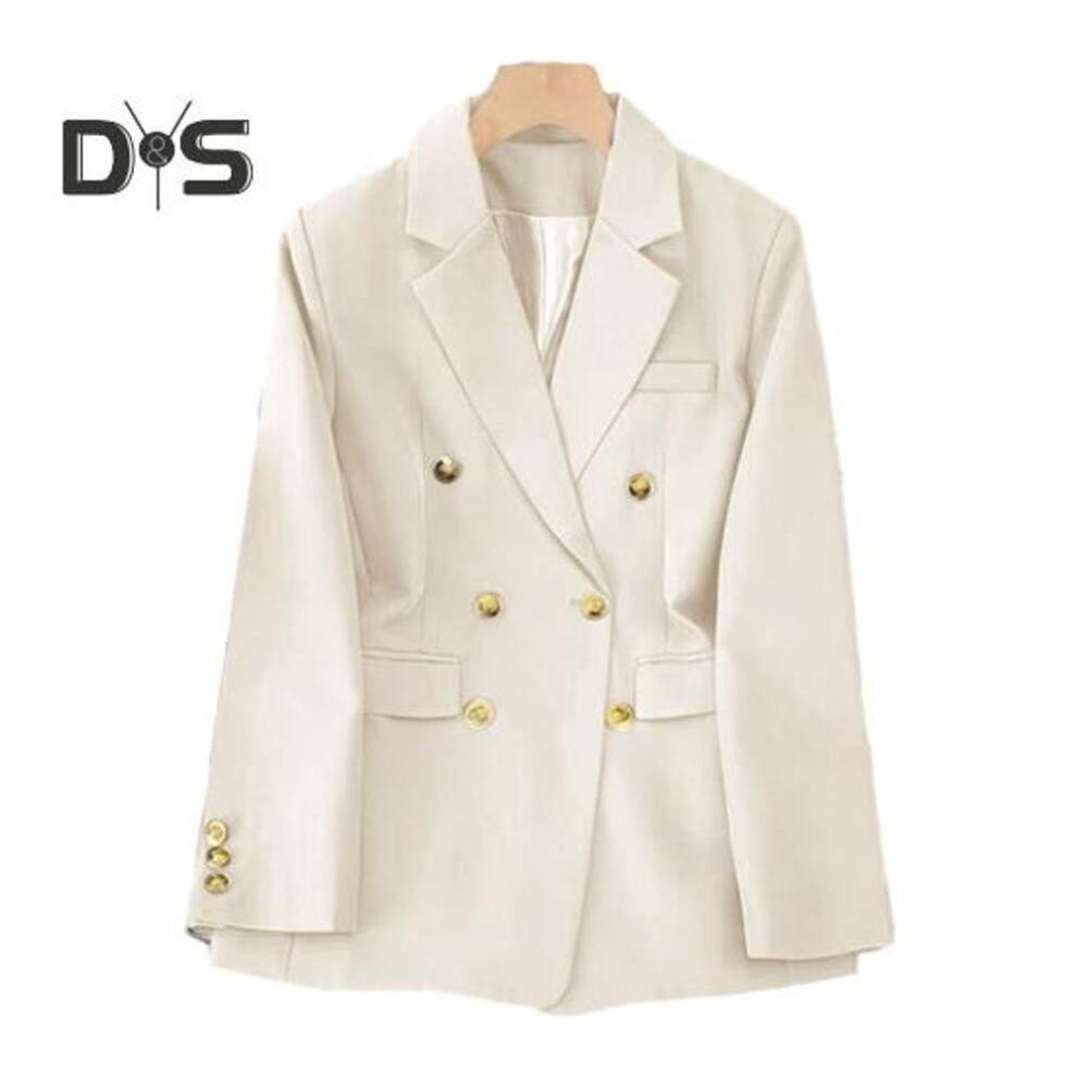 (beige, M) Women Blazer Ol Style Commute Loose Solid Color Double Breasted Long Sleeves Lapel Notch Collar Pockets Formal Business Coat