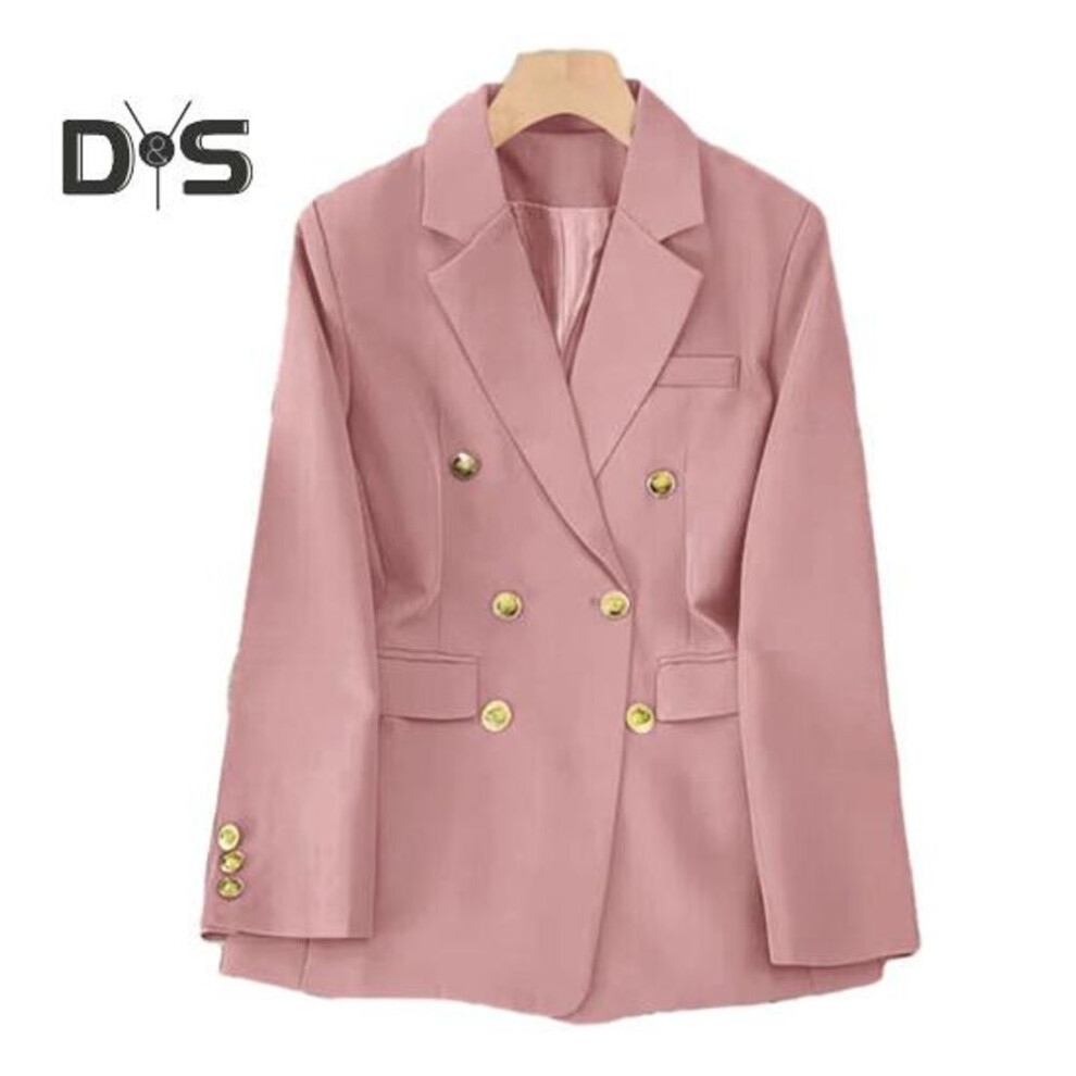 (pink, M) Women Blazer Ol Style Commute Loose Solid Color Double Breasted Long Sleeves Lapel Notch Collar Pockets Formal Business Coat