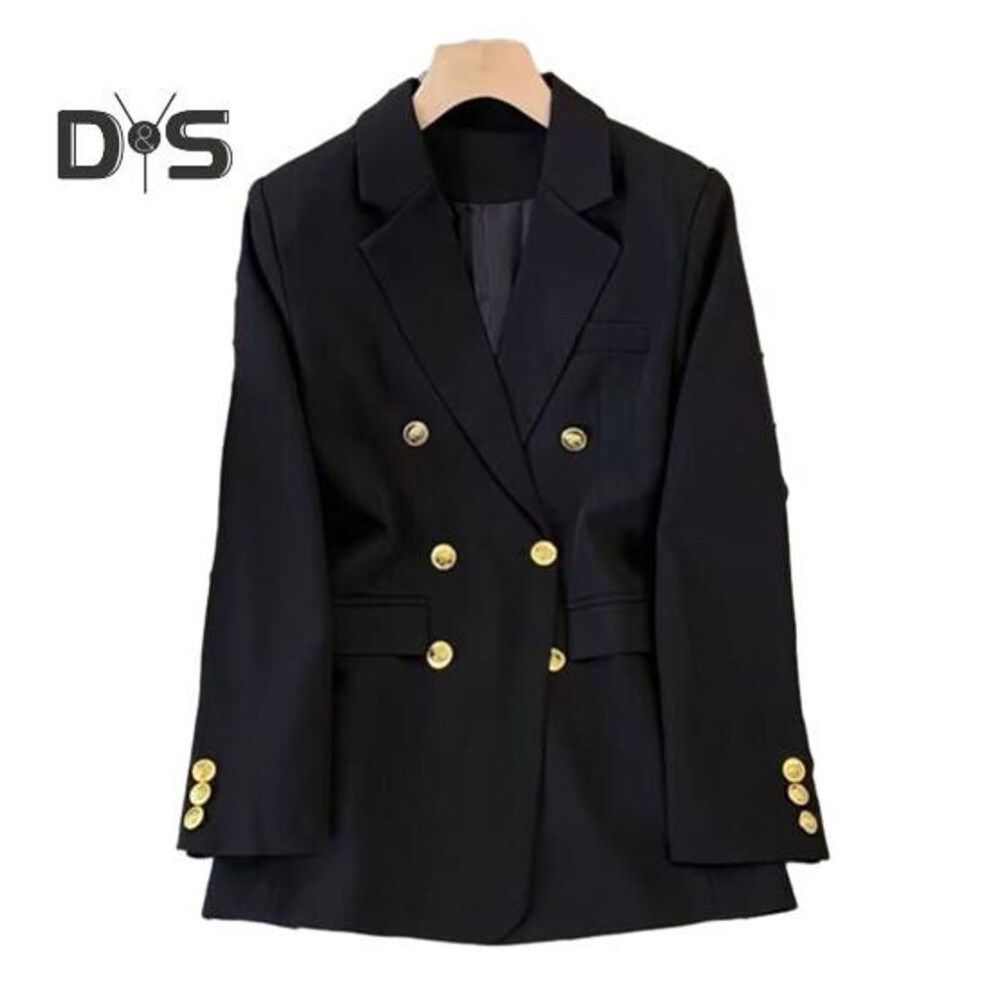 (black, 3XL) Women Blazer Ol Style Commute Loose Solid Color Double Breasted Long Sleeves Lapel Notch Collar Pockets Formal Business Coat
