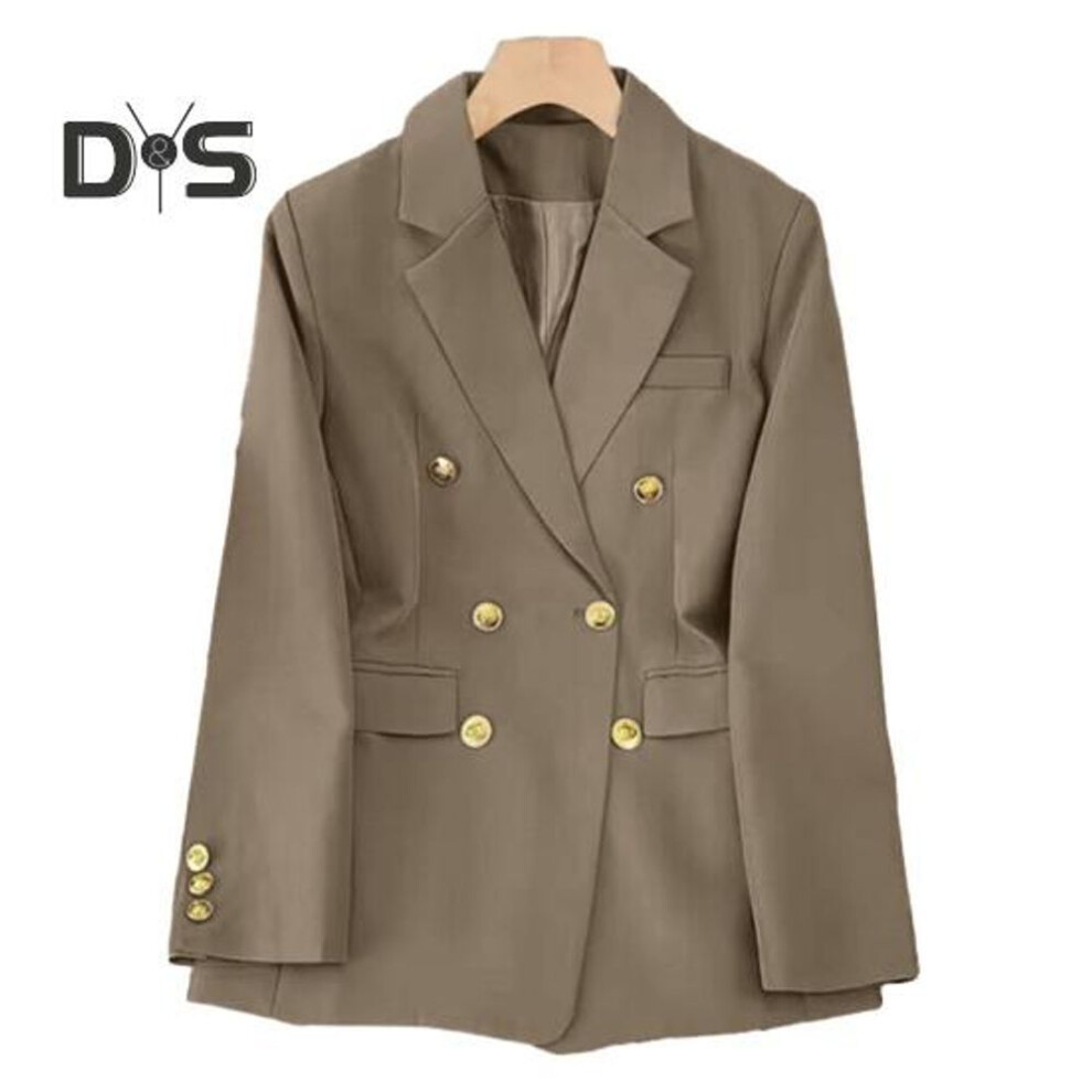 (khaki, M) Women Blazer Ol Style Commute Loose Solid Color Double Breasted Long Sleeves Lapel Notch Collar Pockets Formal Business Coat