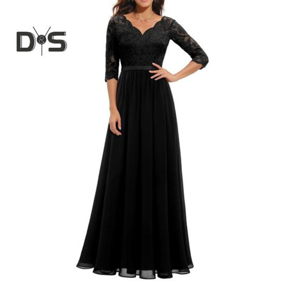 (black, L) Women V neck 3/4 Sleeve Gown Dress Crochet Lace Mesh Stitching High Waist A Line Maxi Dress Backless Solid Color Long Dress