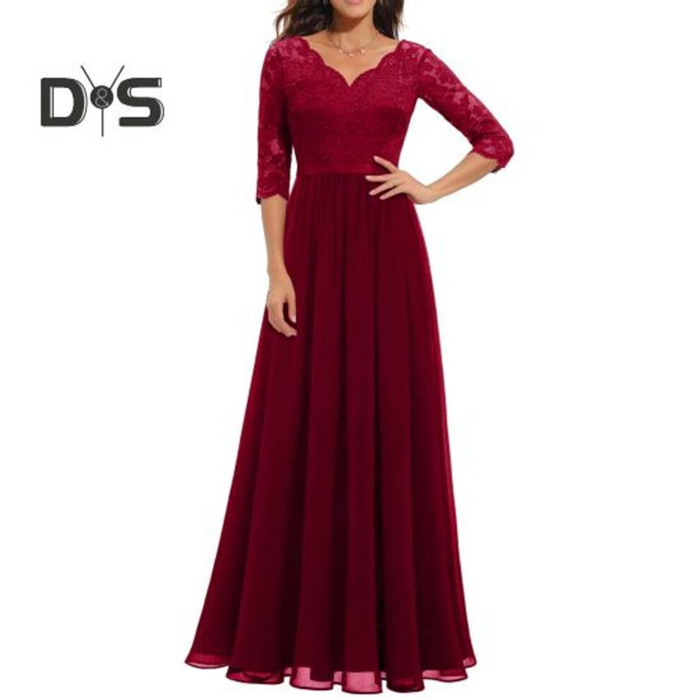 (wine red, L) Women V neck 3/4 Sleeve Gown Dress Crochet Lace Mesh Stitching High Waist A Line Maxi Dress Backless Solid Color Long Dress