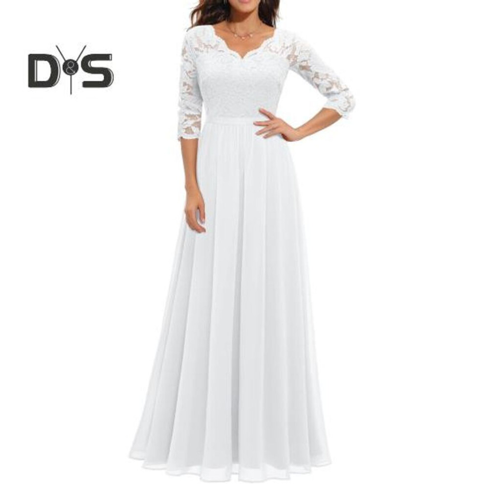 (white, S) Women V neck 3/4 Sleeve Gown Dress Crochet Lace Mesh Stitching High Waist A Line Maxi Dress Backless Solid Color Long Dress