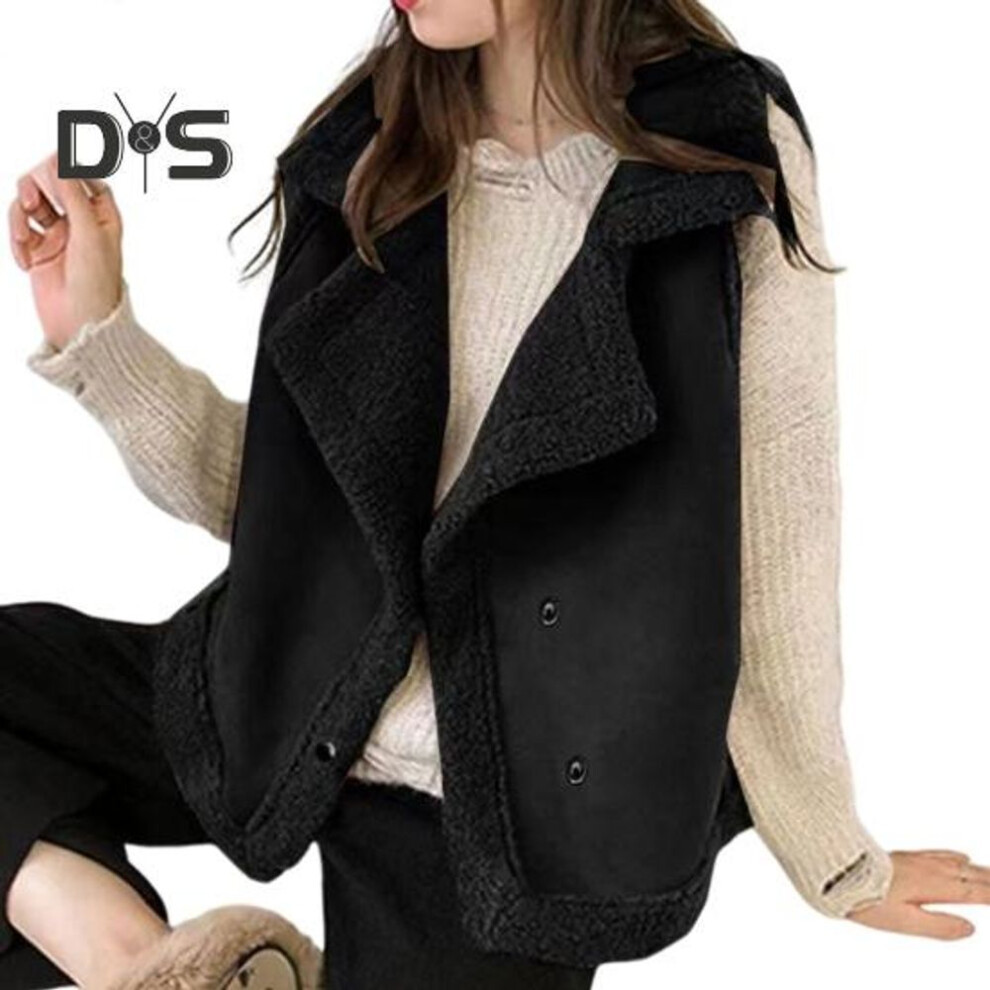 (black, XXXL) Women Waistcoat Sleeveless Lapel Double-Breasted Short Style Solid Color Casual Cardigan Thickened Velvet Lining Vest Coat