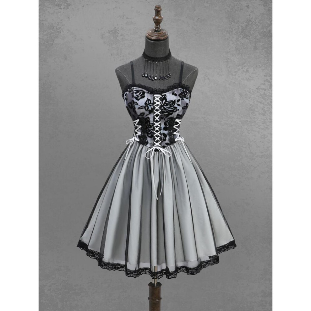 (black, XL) Rosegal Gothic Rose Flower Flocking Tie Dye Lace Trim Lace-up A Line Cami Dress