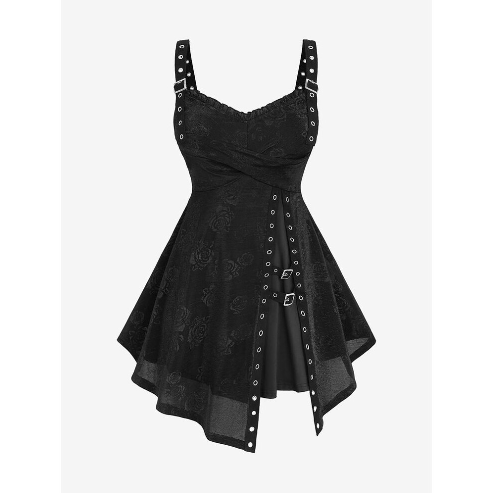 (M, black) Rosegal Plus Size Rose Flower Printed Crossover Bust Buckle Grommet Split Ribbed Layered Tank Top