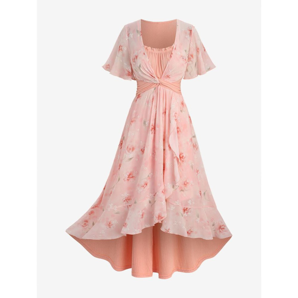 (light orange, L) Rosegal Plus Size Flowers Leaf Print Ruffles Ruched Twist Lettuce Hem High Low Dress