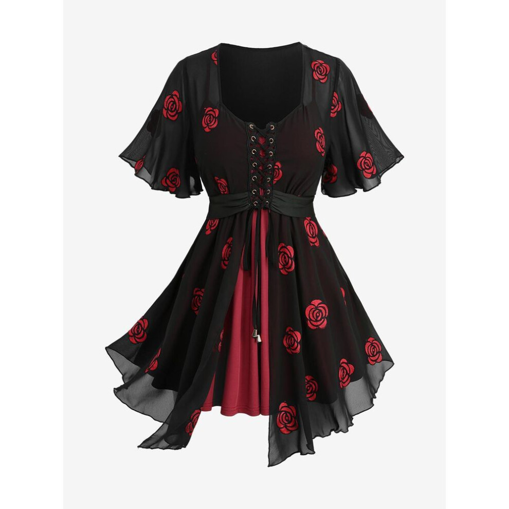 (2XL, black) Rosegal Plus Size Rose Flower Embroidery Mesh Grommets Lace Up Asymmetrical 2 In 1 Top