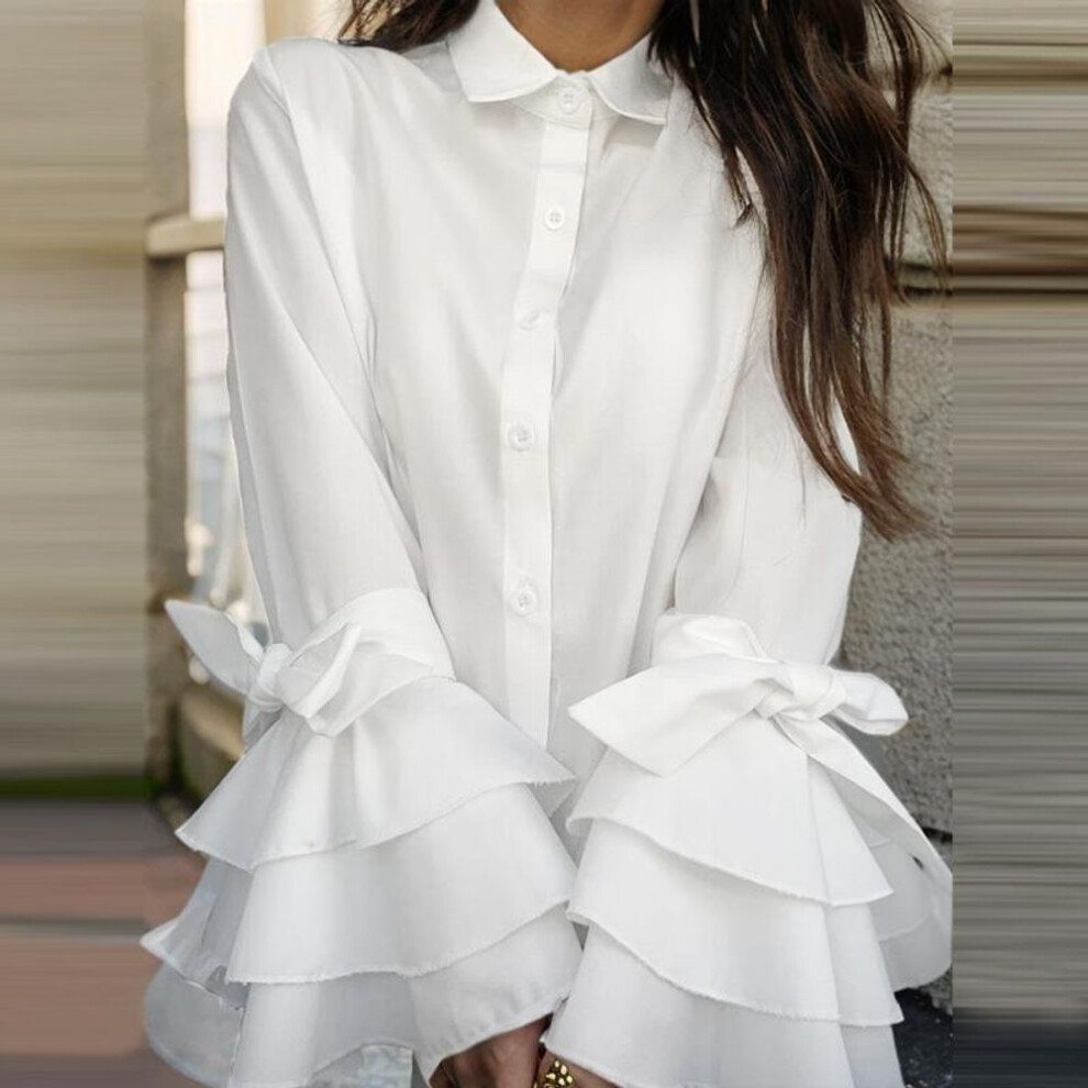 (L, white) Women Vintage Shirt Collar Trumpet Long Sleeve Tie Ruffle Shirts