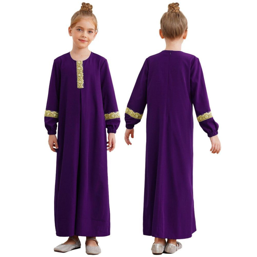 (7-8 Years, purple) Girls Muslim Dress Prayer Abaya Clothes Loose Kaftan Maxi Gown Long Sleeve Maxi Dress For Eid Ramadan Theme Party Masquerade