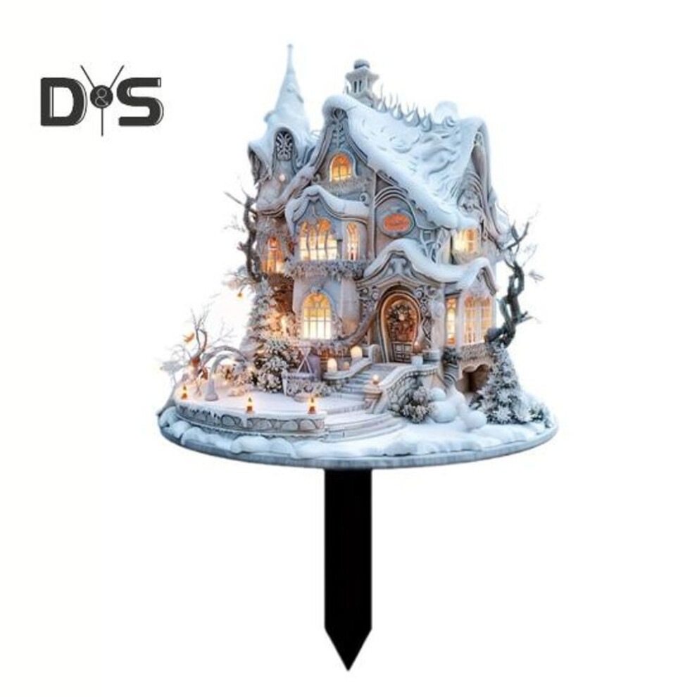Snowy House Stake 2D Flat Acrylic Planter Insert Decoration Festive Flower Pot Ornament Garden Stake for Balcony Lawn Yard