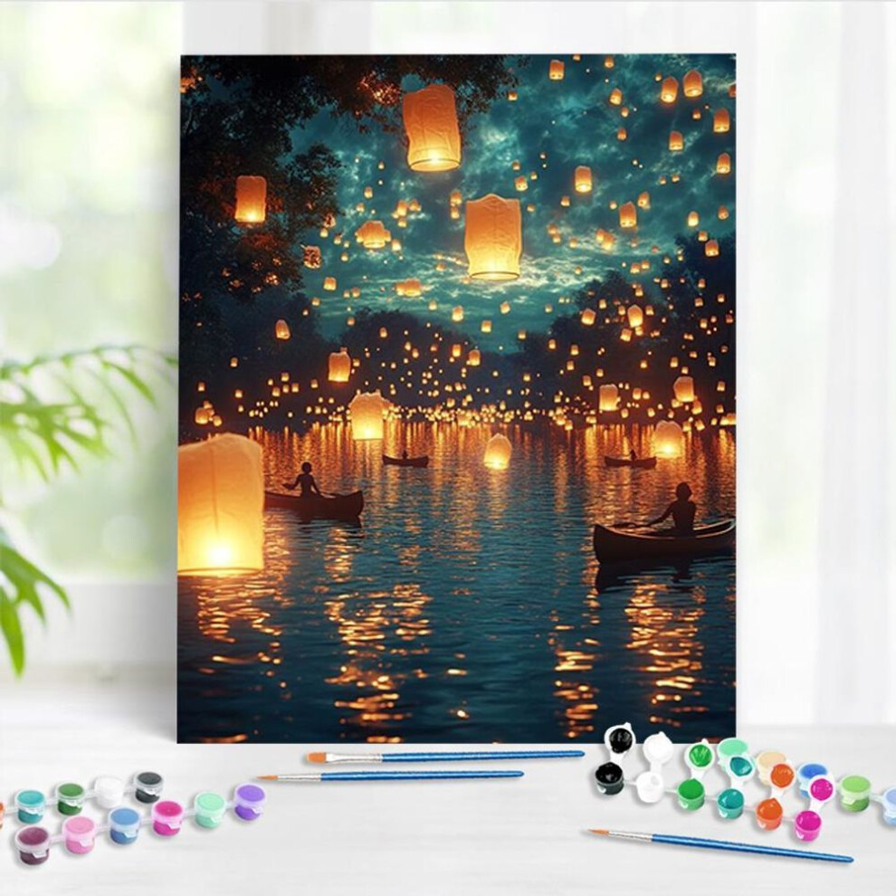 (as the picture, 40x50cm Diy Frame) Ruopoty Painting By Numbers Kongming Lamp By The Lake Acrylic Paint Paintings Digital Painting Handpainted On Canvas Home Decor