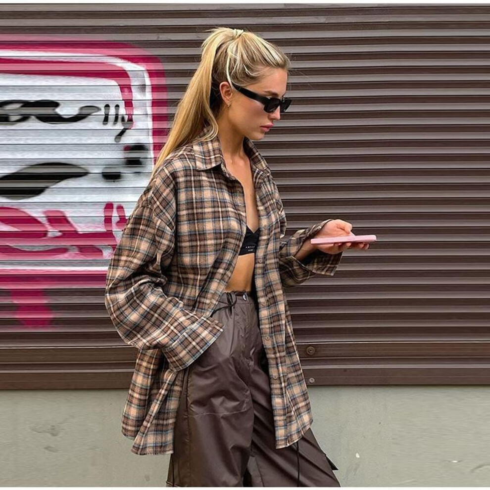 (S, khaki) Women's Plaid Checkered Shirt Polo Neck Loose Blouse Long Sleeve Loose Single Breasted Casual Top Simple Basics Harajuku Style Spring Autumn