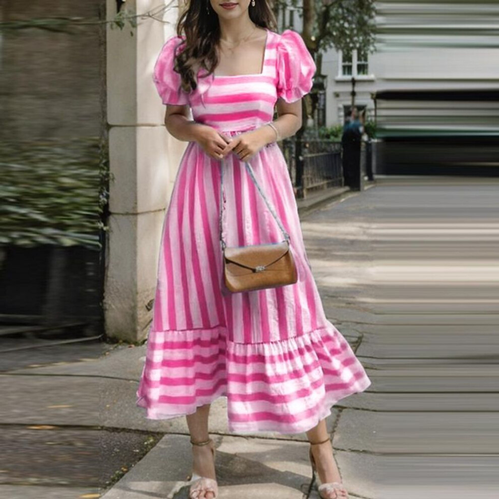 (dark pink, 2XL) ZANZEA Women Vintage Square Neck Puff Short Sleeve Waist Ruffle Hem Striped A-Line Dresses