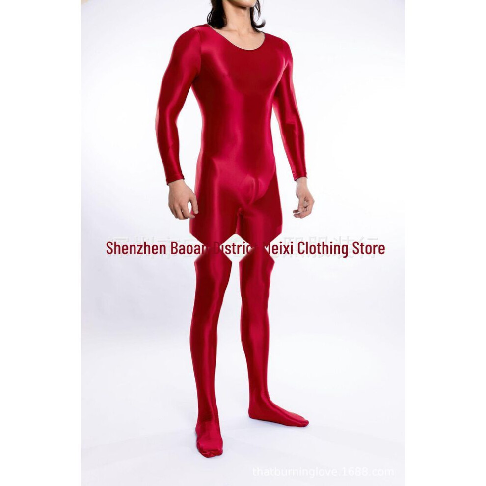 (XL, red) High Elastic Glossy Unisex Full-body Jumpsuit - Large Size, Silky Luster, European & American Style, Sexy & Transparent, Smooth (model 7076)