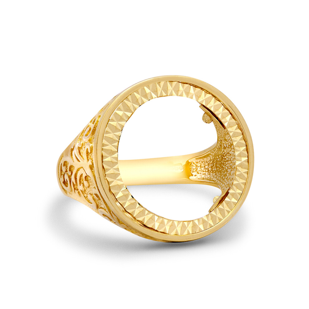 (R) Jewelco London Men's Solid 9ct Yellow Gold Floral Engraved Full Sovereign Mount Ring - JRN185-F