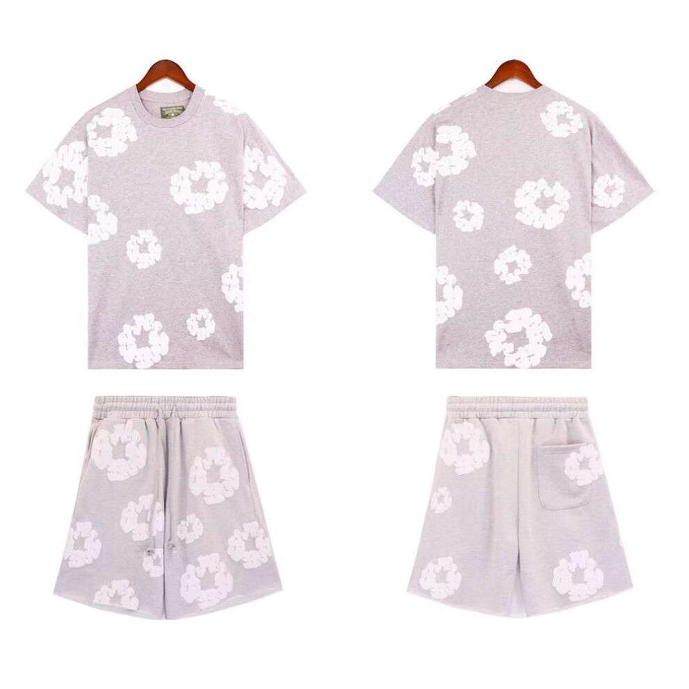 (grey, XL) Chic Unisex Two-Piece Running Clothing Tracksuit Set 3D Kapok Foam Printing Flower Pattern Couples Short Sleeved T-shirt Shorts Set