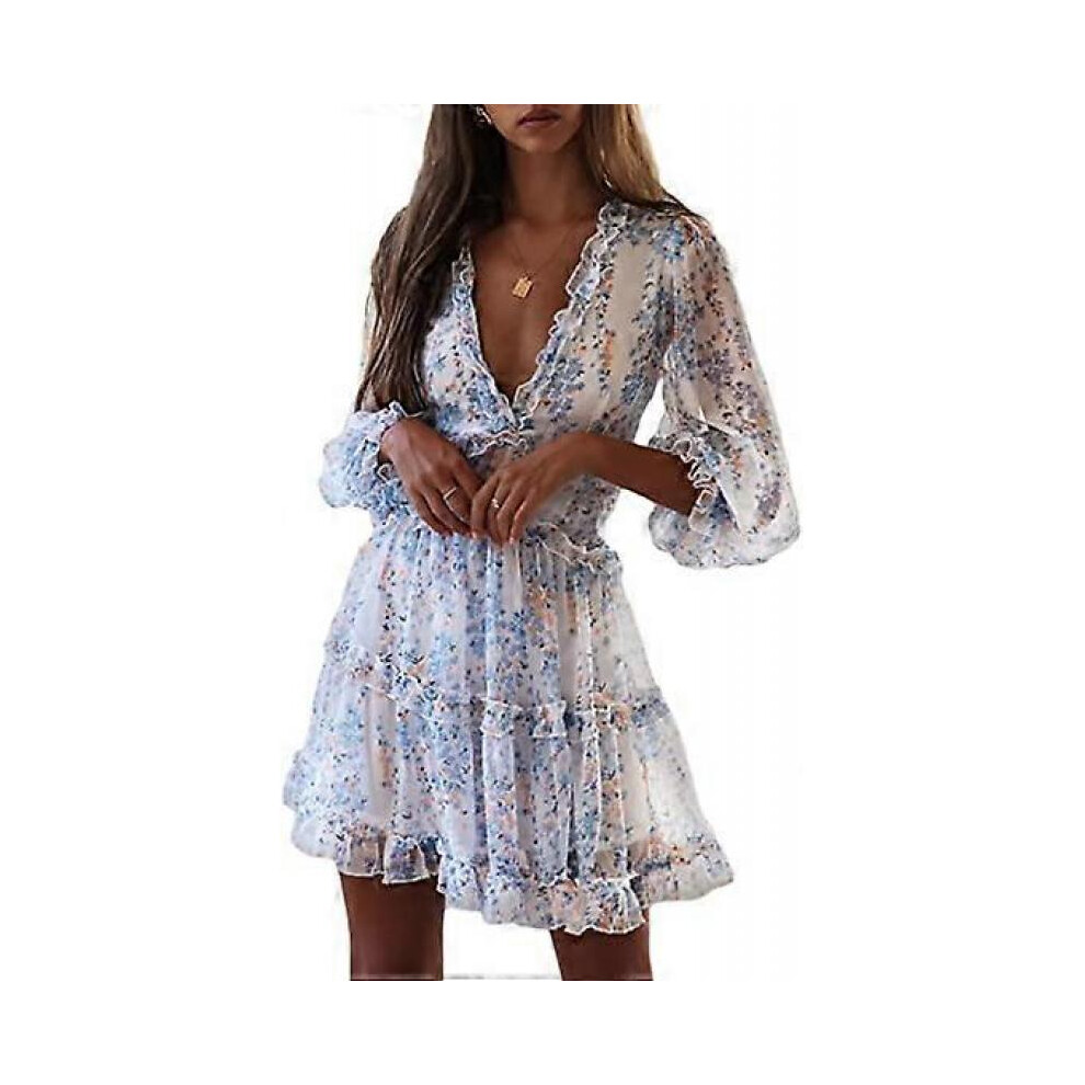 (L, blue) Women's Spring/Summer Deep V Neck Ruffle Long Sleeve Floral Mini Dress