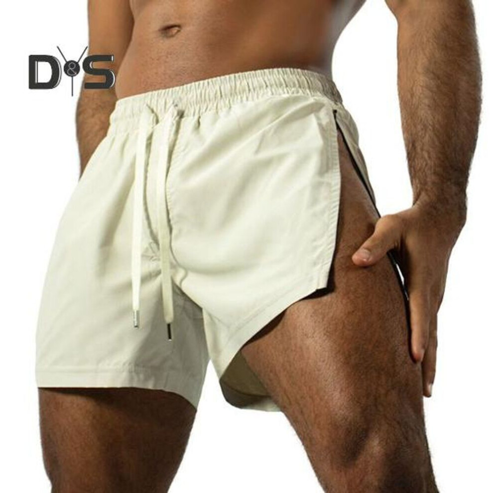 (light yellow, XL) Men Fitness Shorts with Side Zipper Quick Drying Breathable Gym Workout Short Pants Elastic Waist Drawstring Athletic Running Sports Shorts