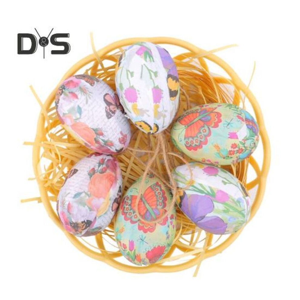 (as the picture, C) 6 Pcs Simulated Easter Eggs Painted Egg with Rope Hanging Decoration Artificial Easter Egg Ornaments with Basket for Spring Holidays Party Accessories