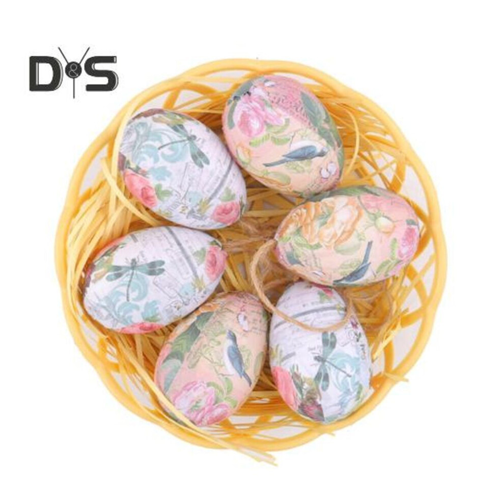 (as the picture, B) 6 Pcs Simulated Easter Eggs Painted Egg With Rope Hanging Decoration Artificial Easter Egg Ornaments With Basket For Spring Holidays Party Accessories