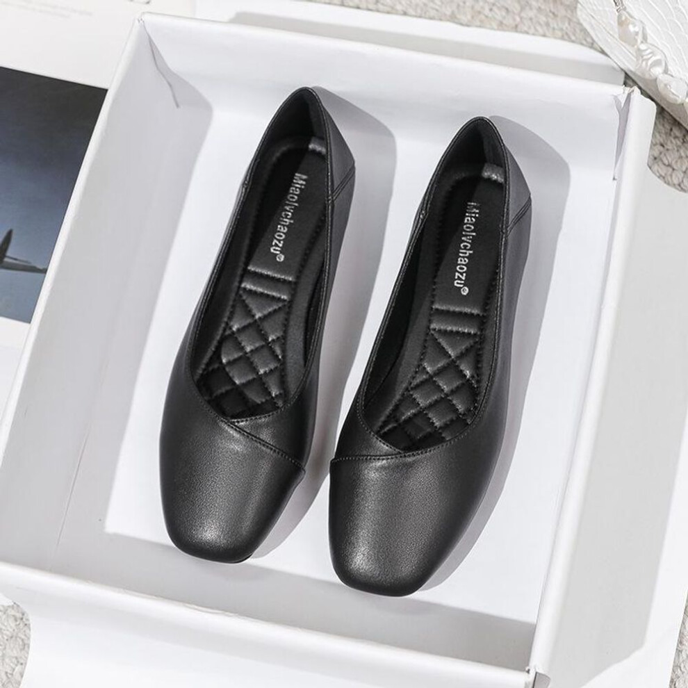 (black, 40) Women's Black Soft Leather Professional Work Shoes - Square Toe, Comfortable Flat Soles, Ideal for Prolonged Standing.