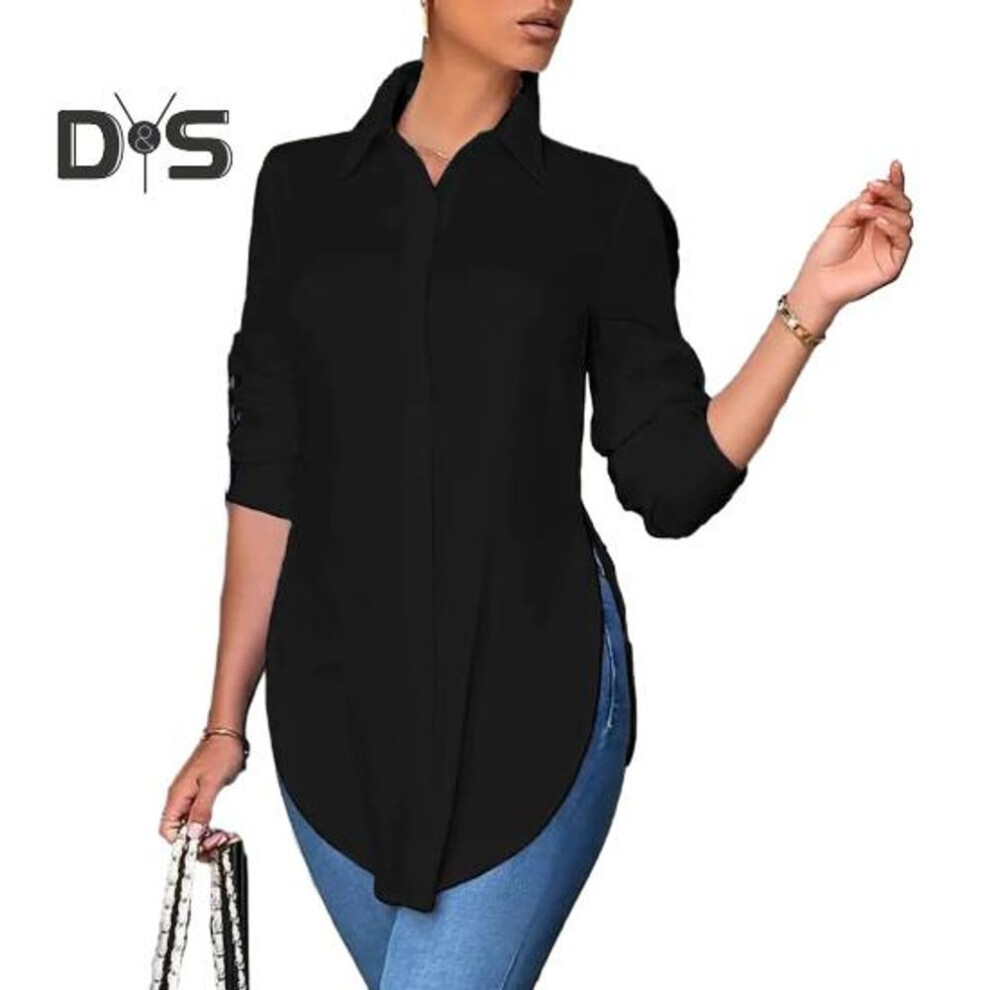 (M, black) Women Fall Spring Shirt Long Sleeve Slim Fit Lapel Single breasted Cardigan Buttons Print OL Commute Style Mid Length Blouse