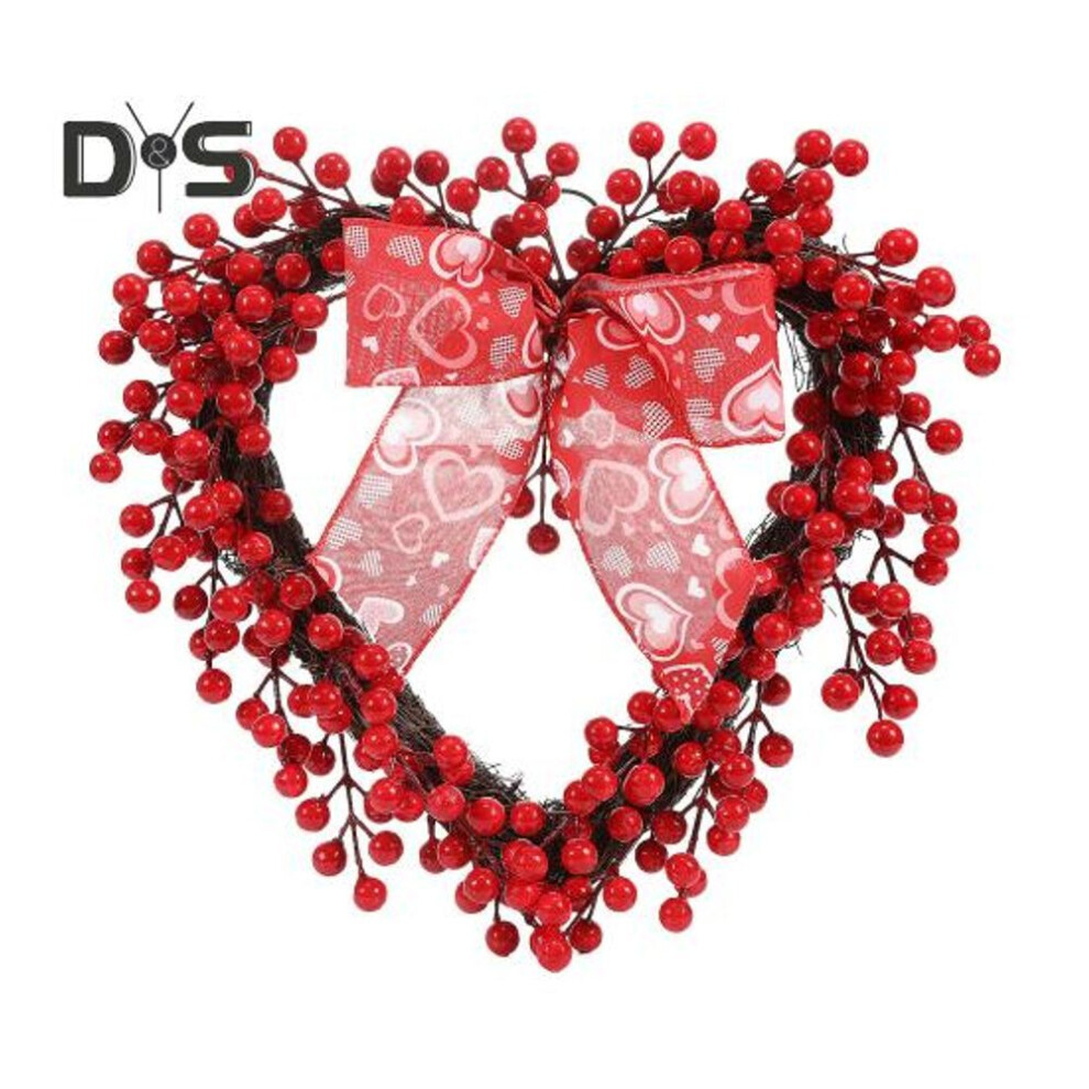 Valentine's Day Heart Wreath Artificial Red Berries Heart Shape Twig Wreath with Bow Ornament for Front Door Wall Fireplace Home Decor