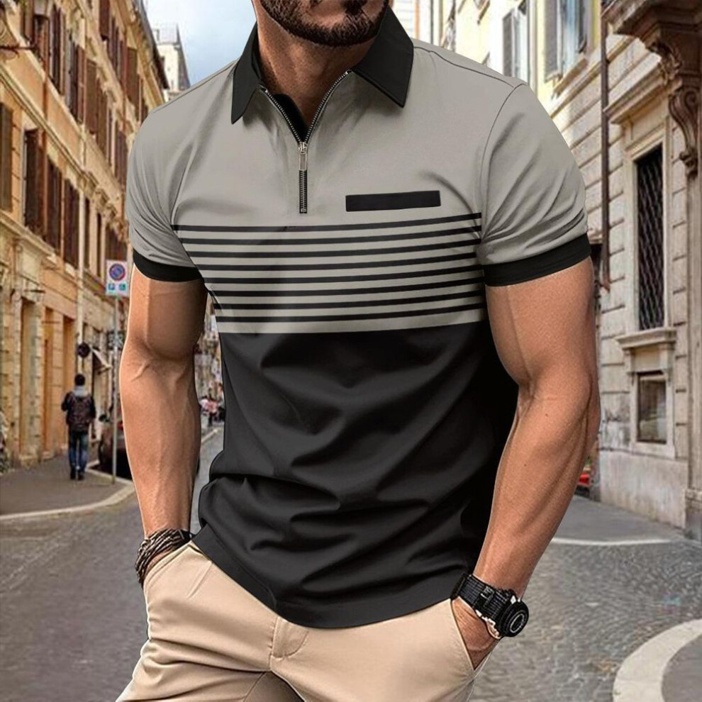(as the picture, XXL) 2024 Men's Striped Casual Polo Shirt with Zippered Chest Pocket