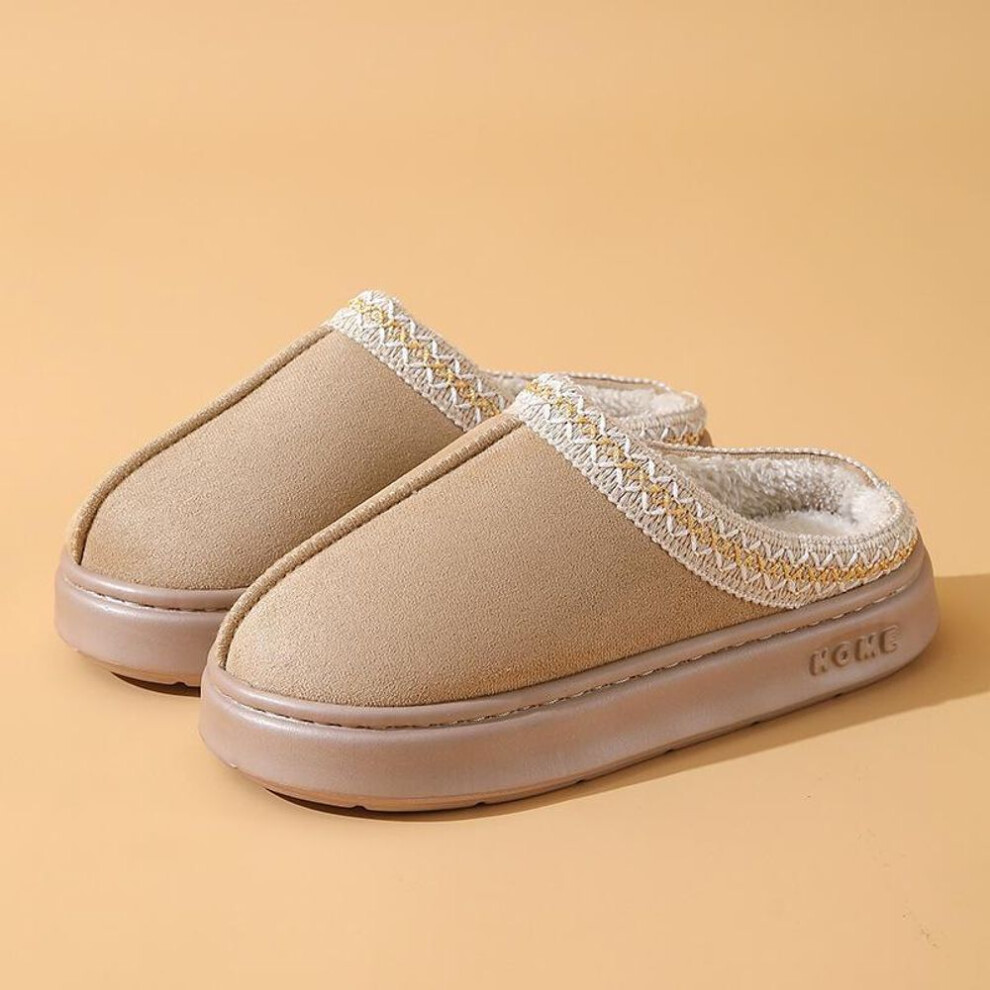 (khaki, 38-39) Thick Bottom Winter Slippers: Warm Cotton Velvet, Non-slip, Solid Color, Ideal For Couples