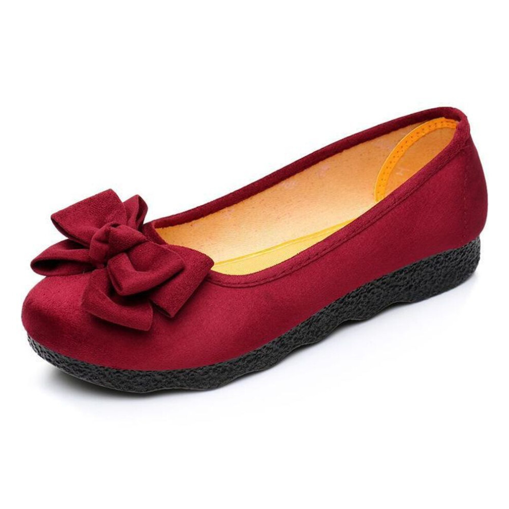 (red, 40) Women's Black Flat Moccasins - Bowknot Round Toe, Soft Sole, Old Beijing Style