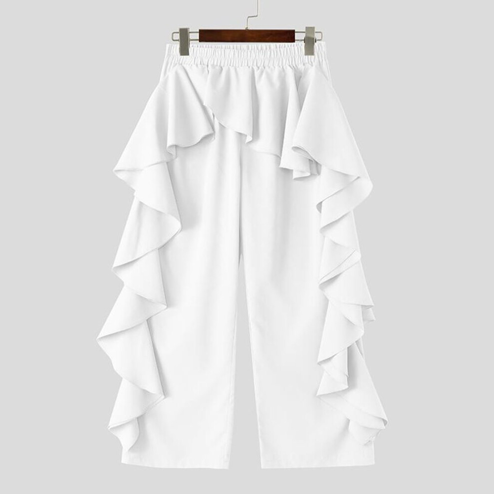 (white, S) Incerun Men Elastic Waist Pants Solid Color Irregular Ruffled Long Trousers