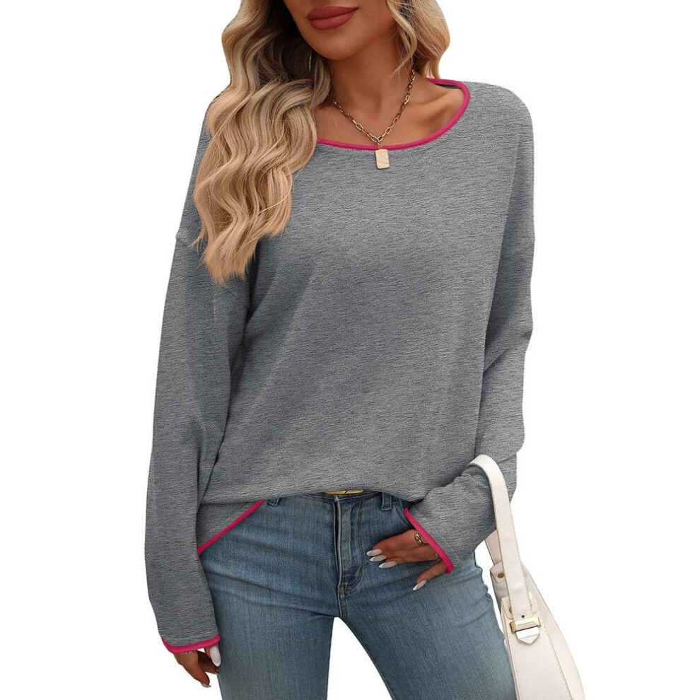 (XL, gray) YYFS Women's Fashion Casual Spring Fall Solid Color Print Long Sleeve O-Neck Blouses & Shirts