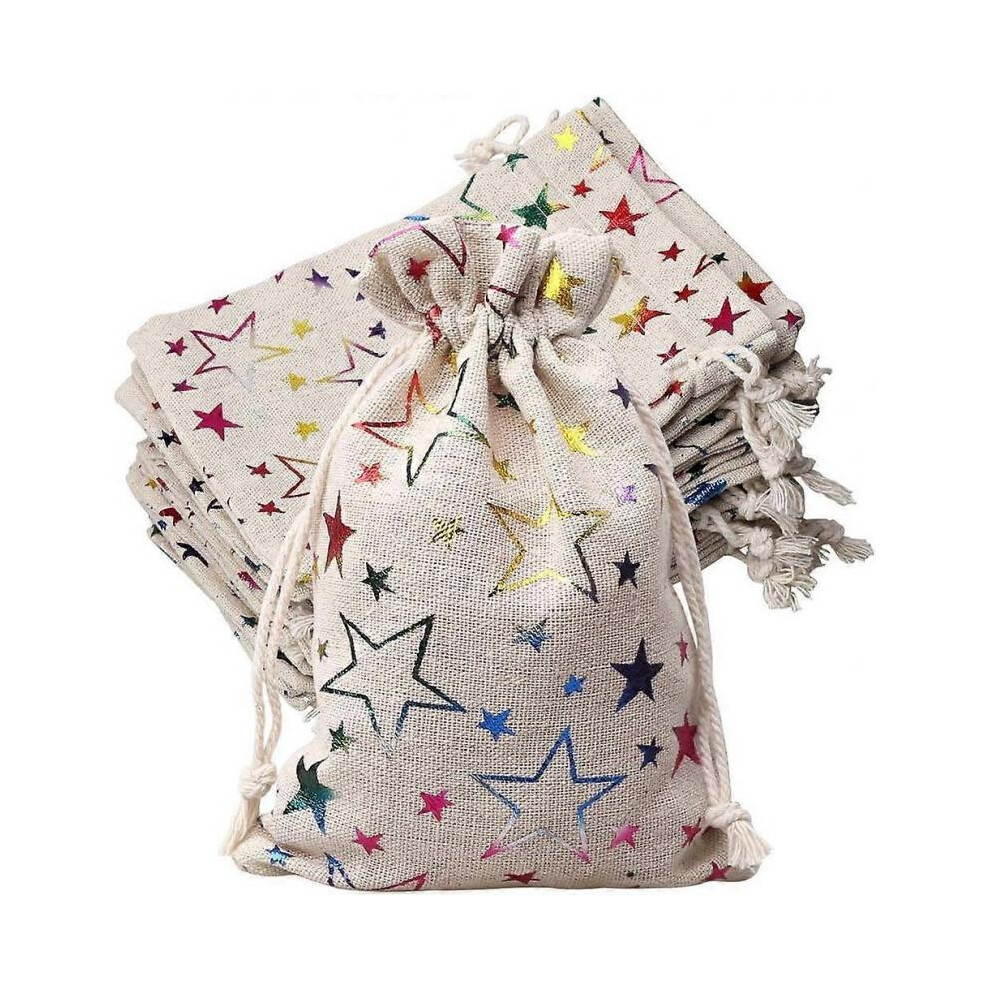 10Pcs Jute Burlap Bags, 13x18cm Star Print Linen Burlap Bag Mini Gift Bags Pouches Sacks with Drawstring for Birthday Wedding Christmas