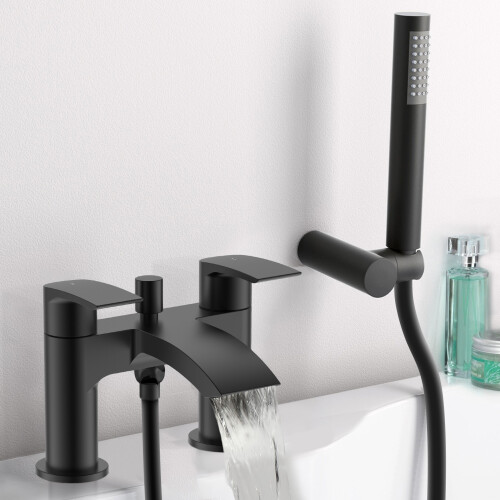NES Home Vago Matte Black Deck Mounted Waterfall Bath Shower Mixer Tap