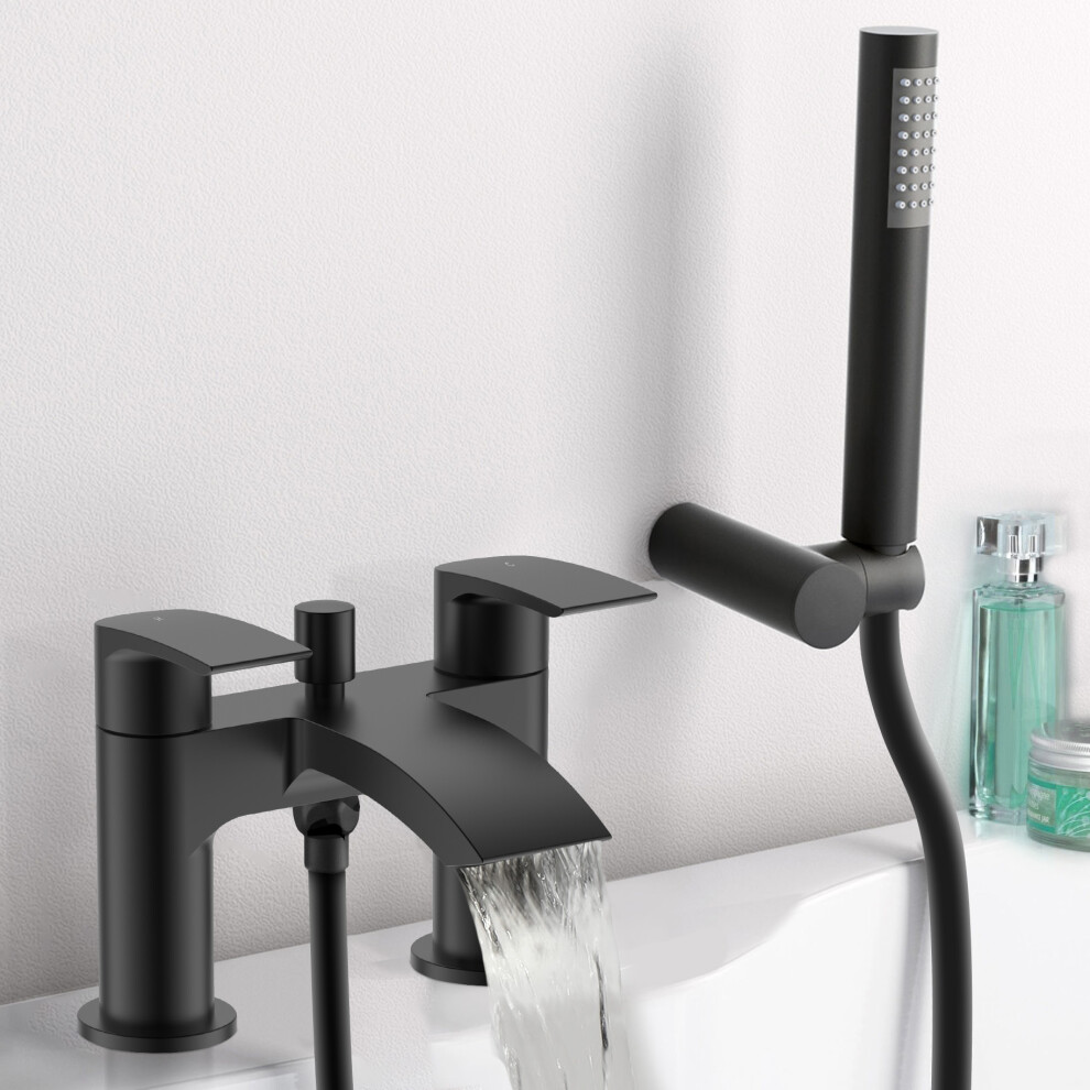 Vago Matte Black Deck Mounted Waterfall Bath Shower Mixer Tap