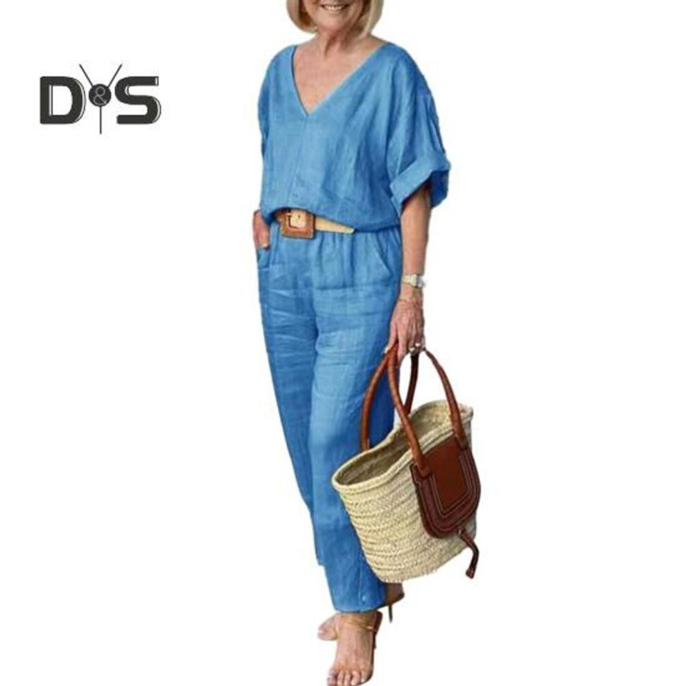 (blue, XL) 2 Pcs/set Women T Shirt Pants Set Solid Color V Neck Elastic Waist Half Sleeve Soft Casual High Waist Pockets Lady Fall Summer Outfit