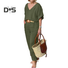 (army green, M) 2 Pcs/Set Women T shirt Pants Set Solid Color V Neck Elastic Waist Half Sleeve Soft Casual High Waist Pockets Lady Fall Summer Outfit