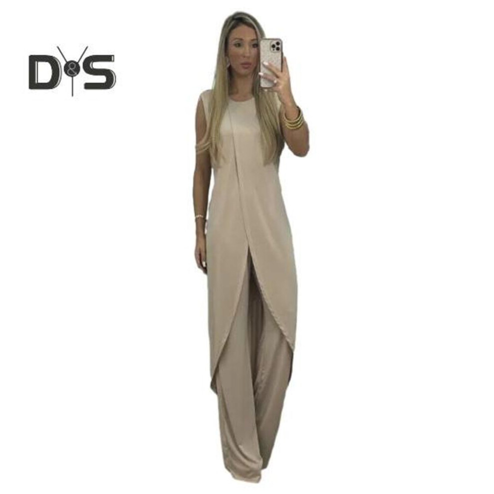 (apricot, L) 2 Pcs/Set Women Top Pants Set Irregular Hem Wide Leg Solid Color Soft Round Neck Loose Sleeveless Long Blouse Trousers Set