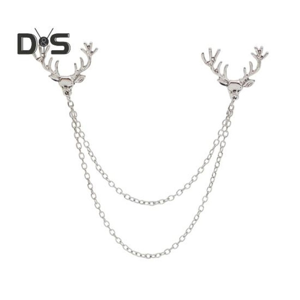 (silver) Men Lapel Pin Antler Decor Double Chains Anti-slip Dress-up Polished Suit Coat Collar Pin Coat Brooch Adult Clothes Hats Bags Jewelry