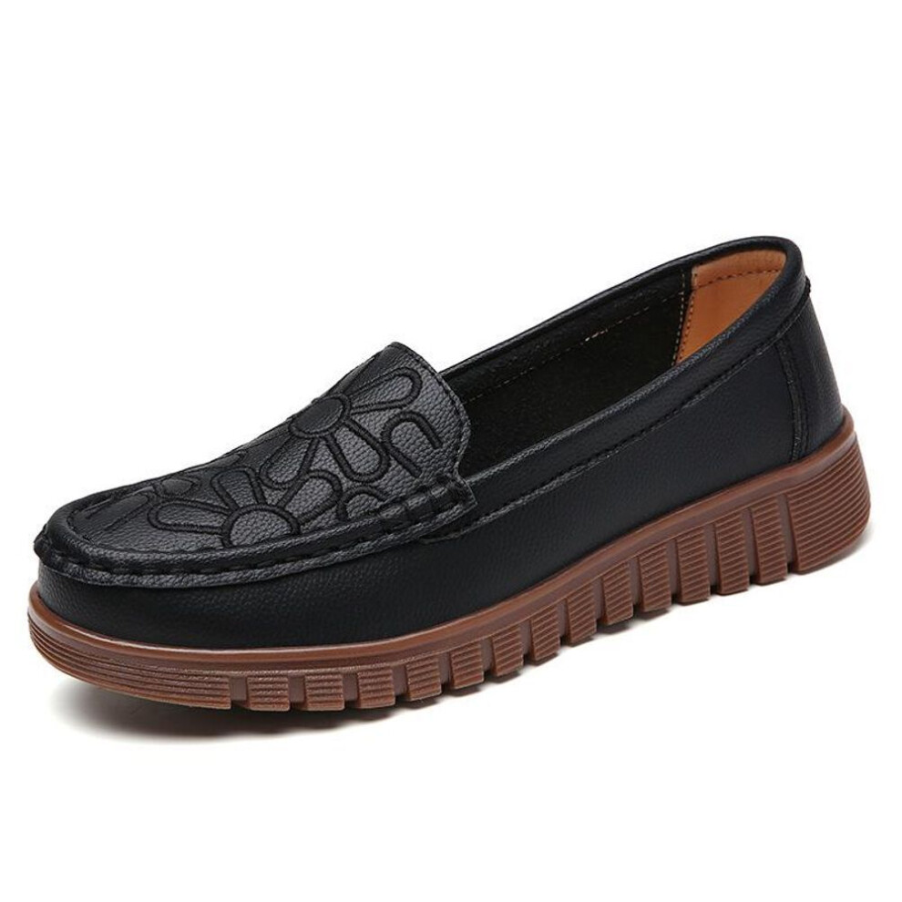 (black, 35) Women's Genuine Leather Slip-on Shoes With Cowhide Soles - Comfortable, Non-slip Flats For Middle-aged And Elderly.