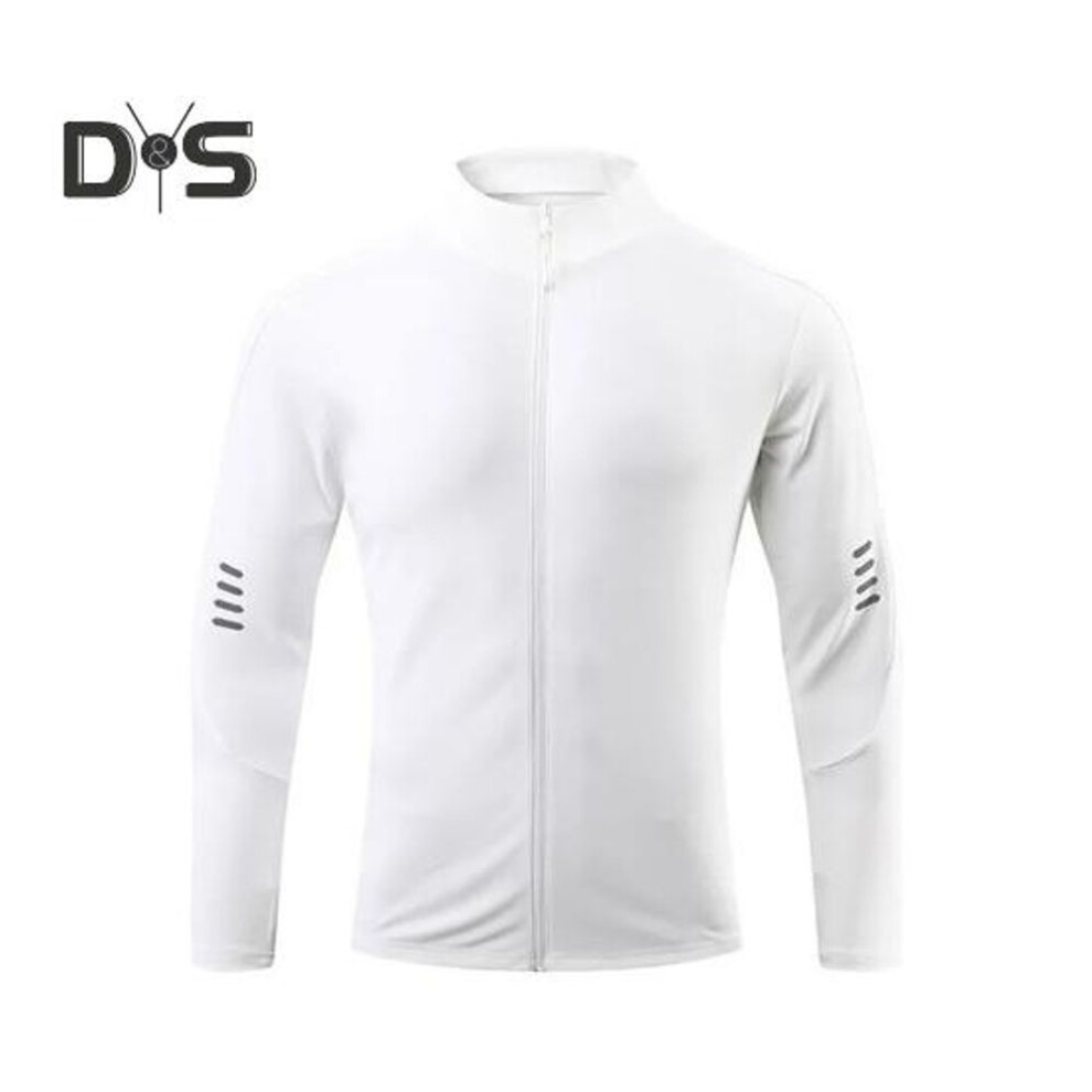 (white, L) Men Sports Coat Stand Collar Elastic Sweat Absorption Soft Breathable Quick-drying Solid Color Zip-up Long Sleeve Sunscreen Gym Jogging Coat