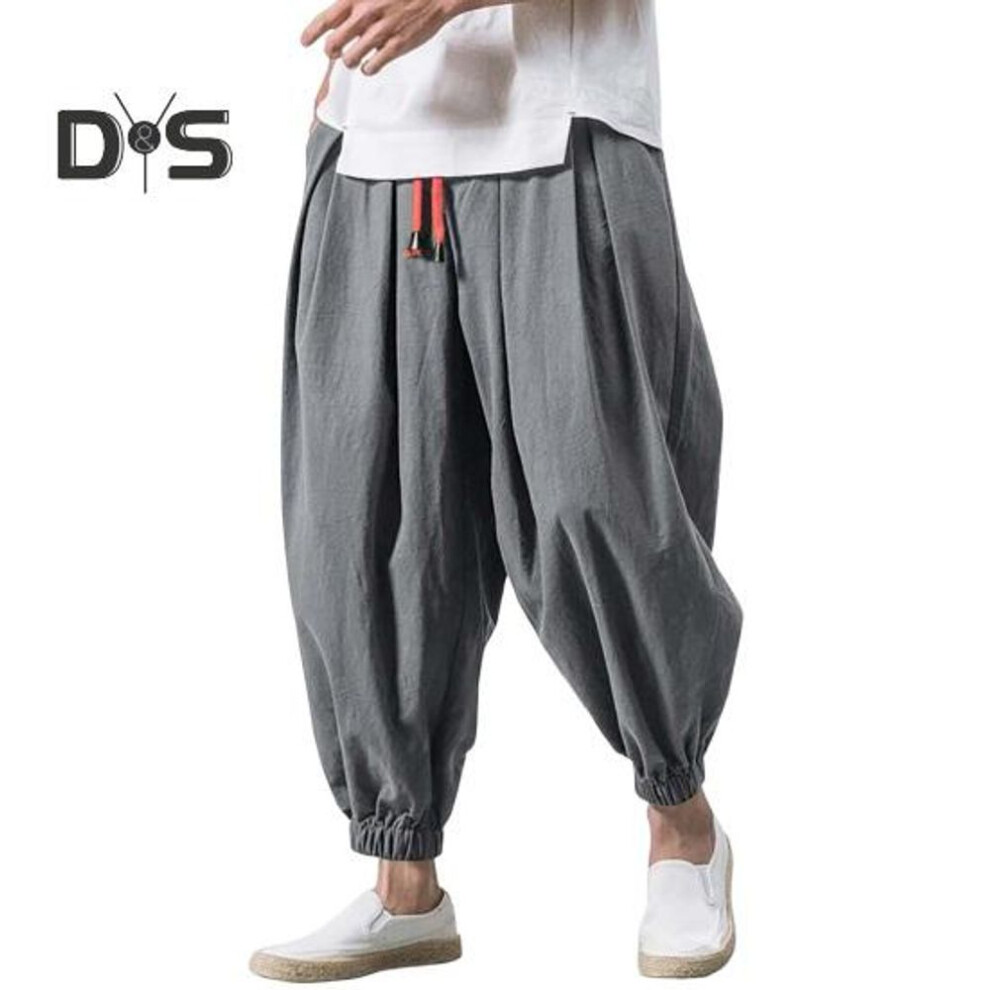 (grey, XL) Men Bloomers Baggy Deep Crotch Loose Drawstring Elastic Waist Plus Size Pockets Ankle-banded Soft Breathable Casual Daily Long Harem Trousers