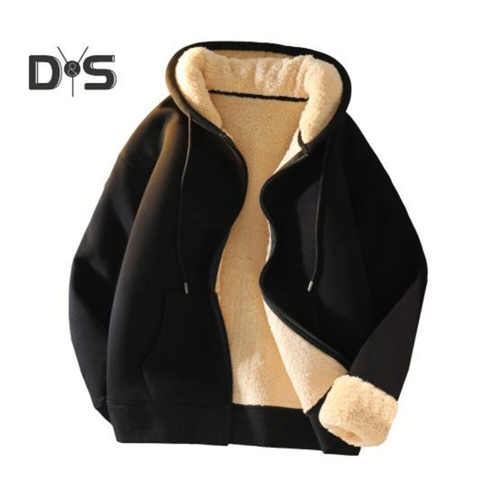 (black, XL) Men Fall Winter Hoodie Thick Fleece Lined Hooded Long Sleeves With Pockets Solid Color Loose Elastic Cuffs Drawstring Jacket Couple Sport Coat
