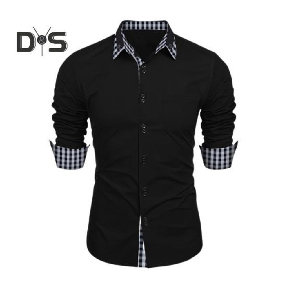 (M, black) Men Spring Shirt Colorblock Plaid Print Single-breasted Slim Fit Long Sleeve Lapel Buttons Streetwear Casual Business Cardigan Shirt Coat